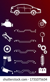 Car service, repair, diagnostics and tire fitting - set of icons for repair around the car. On the background of the car and tools, instruments, with machine parts in white on digital background