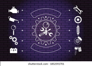 Car service, repair, diagnostics and tire fitting - set of icons for repair car. Crossed screwdriver, wrench, magnifying glass with machine parts on background of bricks, brick illuminated wall