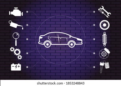 Car service, repair, diagnostics and tire fitting - set of icons for repair around the car. Car and tools, instruments, with machine parts on background of bricks, brick illuminated wall. Vector