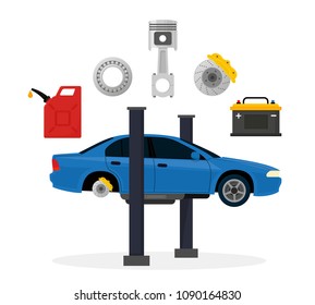 Car service and repair. Elements auto parts. Process of repairing the car. Vector illustration in flat style. EPS10.