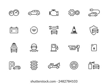 Conjunto de iconos de servicio y reparación de coches. Símbolos automotrices en contorno. Línea pictogramas colección. Ilustración vectorial