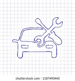 Car service, repair instrument, fix. Hand drawn picture on paper sheet. Blue ink, outline sketch style. Doodle on checkered background