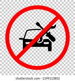 Car service, repair instrument, fix. Not allowed, black object in red warning sign with transparent background
