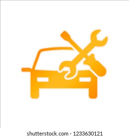 Car service, repair instrument, fix. Orange sign with low light on white background