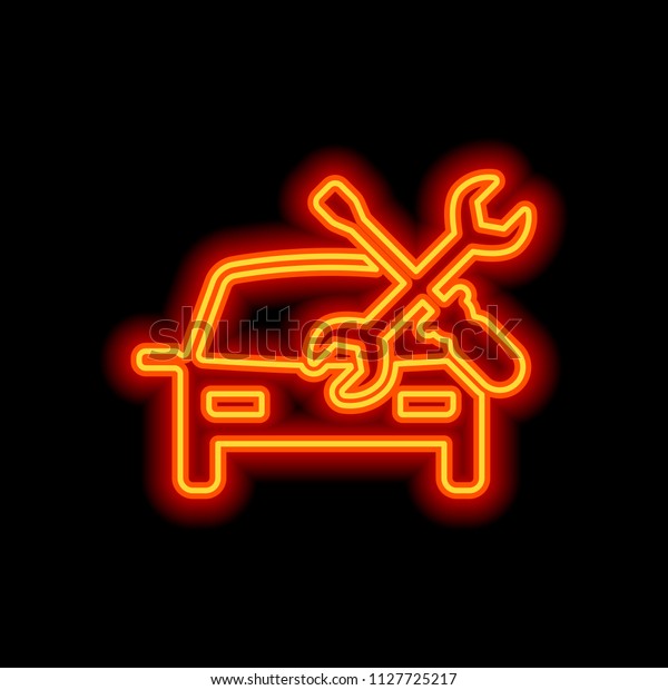 Car service, repair instrument,\
fix. Orange neon style on black background. Light\
icon