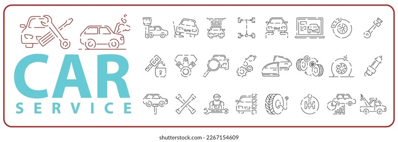 Car service repair line icon set. Auto mechanic working on a car icons 