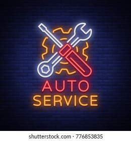 Car service repair logo vector, neon sign emblem. Vector illustration, car repair, shiny signboard for garage for auto repair. A flaming banner, a nightly bright signboard ad for your projects