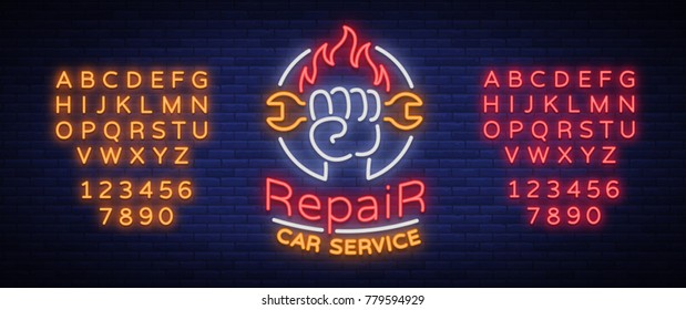 Car service repair logo vector, neon sign emblem. Vector illustration, car repair, shiny signboard for garage for auto repair. A flaming banner, a nightly bright signboard. Editing text neon sign
