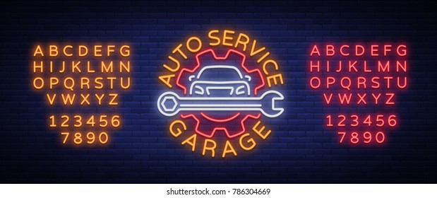 Car service repair logo vector, neon sign emblem. Vector illustration, car repair, shiny signboard for garage for auto repair. A flaming banner, a nightly bright signboard. Editing text neon sign