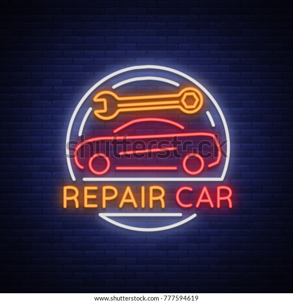Car service repair logo vector, neon sign
emblem. Vector illustration, car repair, shiny signboard for garage
for auto repair. A flaming banner, a nightly bright signboard ad
for your projects