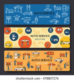 Car service, repair and  maintenance horizontal banners set, vector illustration.