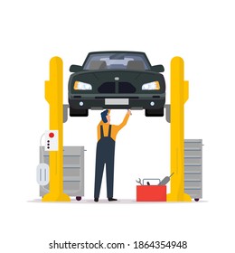 Car service and repair. Repair man standing under lifted car in repair shop and fixing car braking. Vehicle repair shop vector flat style illustration. Transport workshop and mechanic service.