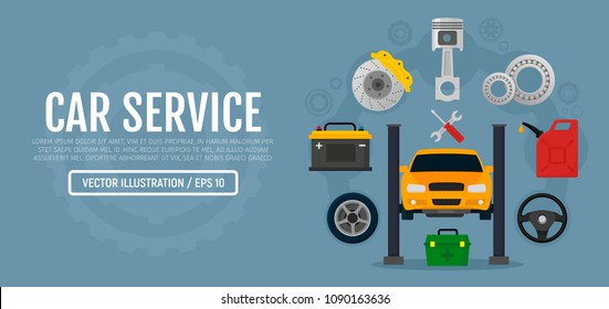 Car service and repair. Process of repairing the car, tire service, diagnostics.  Elements auto parts. Vector horizontal banner in flat style. EPS10.