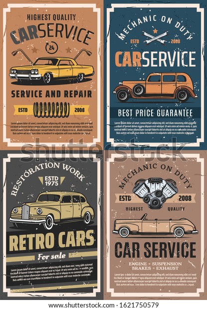 Car\
service, repair and reconstruction retro posters. Vector cars,\
wheel and vehicle engine spare parts, tire, wrench, spanner and\
suspension spring. Garage and mechanic\
workshop