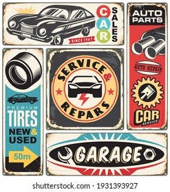 Car service and repair retro signs collection. Vintage transportation signage with car graphics , auto parts and creative lettering. Vector cars labels and stickers set.