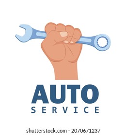 Car service and repair, tire service, diagnostics. Wrench in hand auto mechanics. Auto service. Car repair symbol. Vector illustration