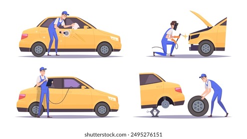 Car service. Repair vehicle change wheels and oil repairman characters exact vector cartoon templates