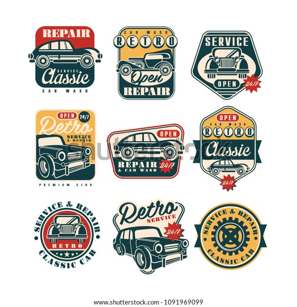 Car service and repair vintage style labels\
set, auto wash retro classic logo, badge vector Illustrations on a\
white background