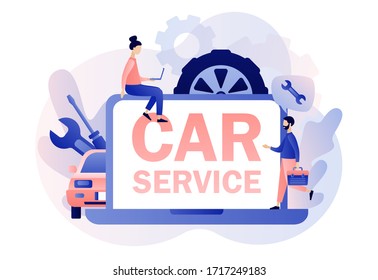 Car service and repair web site. Auto service concept. Tiny Repairman, Mechanics characters in uniform with tools and tire. Modern flat cartoon style. Vector illustration on white background