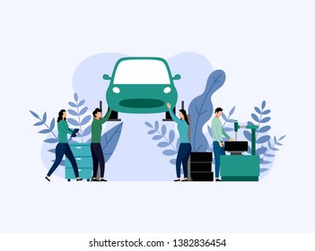 Car service and repair, workers fixing car, business concept vector illustration