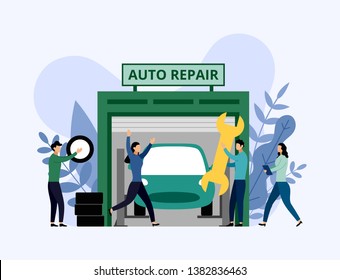 Car service and repair, workers fixing car, business concept vector illustration