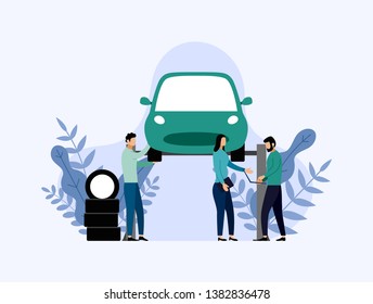 Car service and repair, workers fixing car, business concept vector illustration