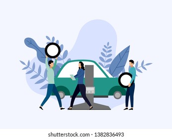 Car service and repair, workers fixing car, business concept vector illustration