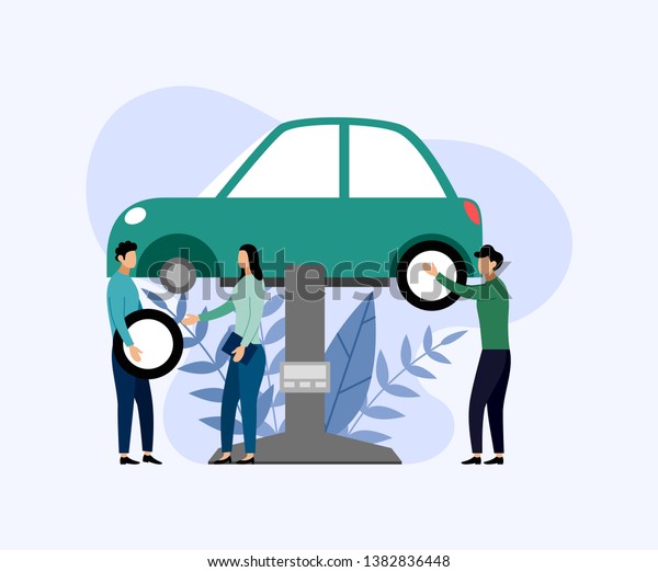 Car service and repair, workers fixing car,\
business concept vector\
illustration