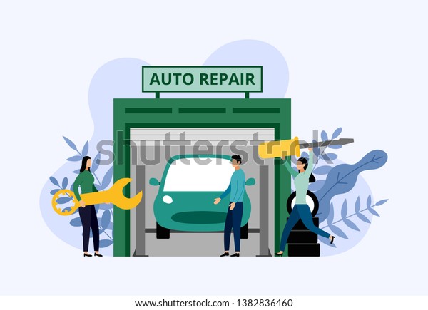 Car service and repair, workers fixing car,
business concept vector
illustration