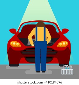 Car Service Repairs and Diagnostics. Auto Maintenance. Serviceman at Work. Vector illustration