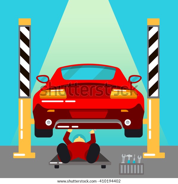 Car Service Repairs and\
Diagnostics. Auto Maintenance. Serviceman at Work. Vector\
illustration