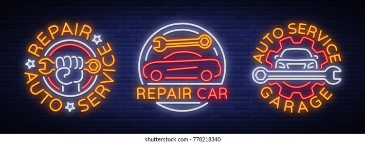 El servicio de coches repara un conjunto de logos vectoriales, un emblema de signo de neón. Ilustración de vectores, reparación de automóviles, señalización brillante para el garaje para reparación de automóviles. Anuncio de señalización luminoso nocturno para sus proyectos