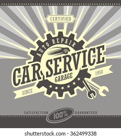 Car Service Retro Banner Design Concept. Vintage Garage And Auto Parts Poster. Car Side View Symbol Layout. Commercial Ad Template For Transportation Business.