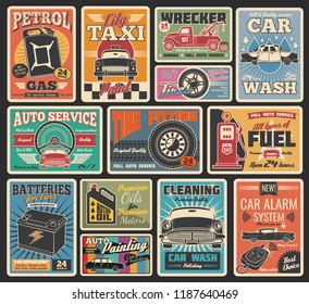 El servicio de coches grunge retro para el transporte y el diseño de los temas del garaje de reparación de automóviles. Carteles de época para el lavado de automóviles, la instalación de neumáticos y la industria del aceite de motor, la gasolinera, la pintura de automóviles y el servicio de taxis