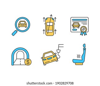 Car service RGB color icons set. Automobile insurance. Automotive transport replacement. Tollway, tunnel toll cost, charges. Steering alignment. Vehicle insurance. Isolated vector illustrations