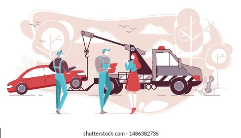 Car Service and Roadside Assistance Flat Cartoon Vector Illustration, Tow Truck, Support, Accumulator and Jack with Crane Transporting Broken Vehicle. Workers Talking with Female Driver.