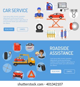 Car Service and Roadside Assistance Horizontal Banners with Flat Icons for Poster, Web Site, Advertising like Laptop, Tow truck, Battery, Mechanic. vector illustration