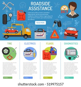 Car Service and Roadside Assistance Infographics with Flat Icons tow truck, support, accumulator and jack Vector illustration.