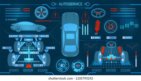 Car service. Scanning. Diagnostic alignment of the wheels. Check of shock-absorbers and the steering mechanism. Graphic display. Vector illustration