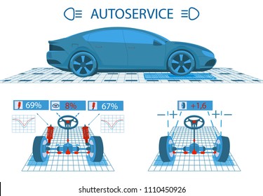 Car service. Scanning. Graphical interface. Diagnostic alignment of the wheels. Check of shock-absorbers, the steering mechanism. Side view and perspective. Vector illustration