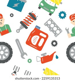 Car service seamless pattern color. Repeating design element for printing on fabric. Wheel, brake, battery and wrench. Car parts and kit for repair and tuning. Cartoon flat vector illustration