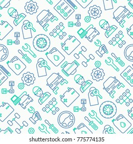 Car service seamless pattern with thin line icons of mechanic, computer diagnostics, tools, wheel, battery, transmission, jack. Modern vector illustration.