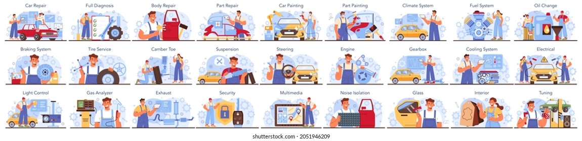 Car service set. Automobile got fixed in garage. Mechanic in uniform check a vehicle and repair it. Professional auto diagnostic. Flat vector illustration.