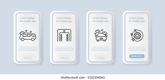 Car service set icon. Exhaust, smoke, wheel, tire, clean, shine, stars, wash. Technology concept. UI phone app screens. Vector line icon for Business and Advertising.