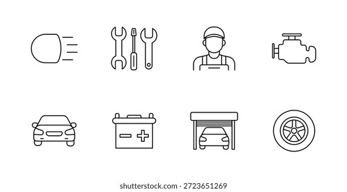 Ícone do conjunto de serviço de carro. Farol, chave inglesa, mecânico, motor, veículo, bateria, garagem, roda, automóvel, reparação, manutenção, diagnóstico, peça, conserto, serviço, transporte.