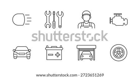 Car service set icon. Headlight, wrench, mechanic, engine, vehicle, battery, garage, wheel, auto, repair, maintenance, diagnostic, part, fix, service, transportation.
