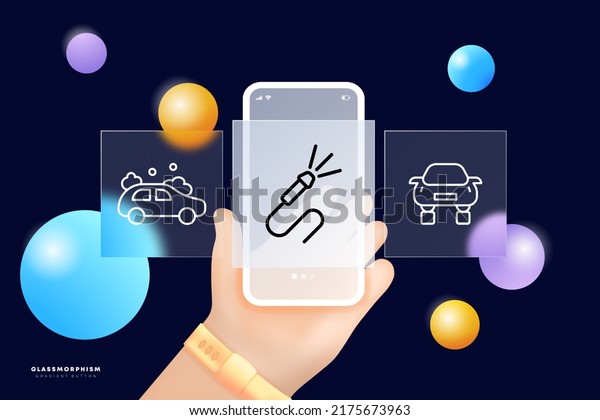 Car service set icon. Wash, vacuum cleaner,
blow out dust, clean, cleaning, technical inspection. Service
concept. Glassmorphism. UI phone app screen with a hand. Vector
line icon for Business.