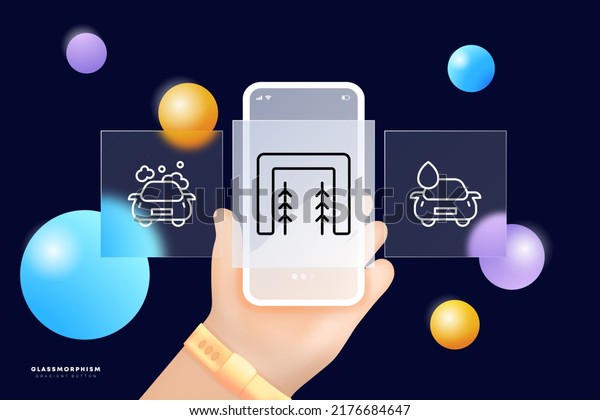 Car\
service set icon. Wash, dust, dirty, exhaust, fume, brush, clean,\
water drop, drive. Technology concept. Glassmorphism. UI phone app\
screen with a hand. Vector line icon for\
Business.