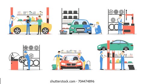 Car service set of illustrations on white background.
