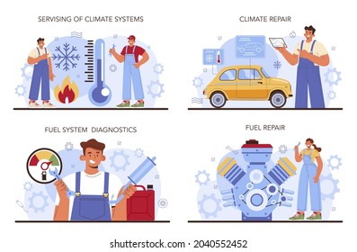 Car service set. Mechanic in uniform check a fuel and climate vehicle systems and repair it. Car full diagnostics. Flat vector illustration.